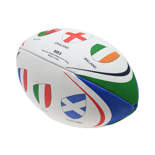 Gioco size 5 international tournament themed rugby ball with colorful design and branding, suitable for sporting goods and rugby games.