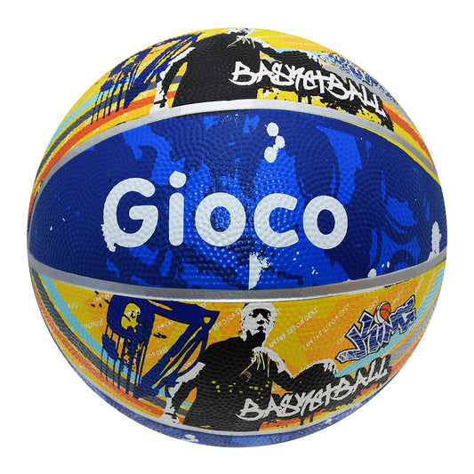 Gioco Street2 rubber basketball for sporting goods, showing orange and black design with textured surface for outdoor play.