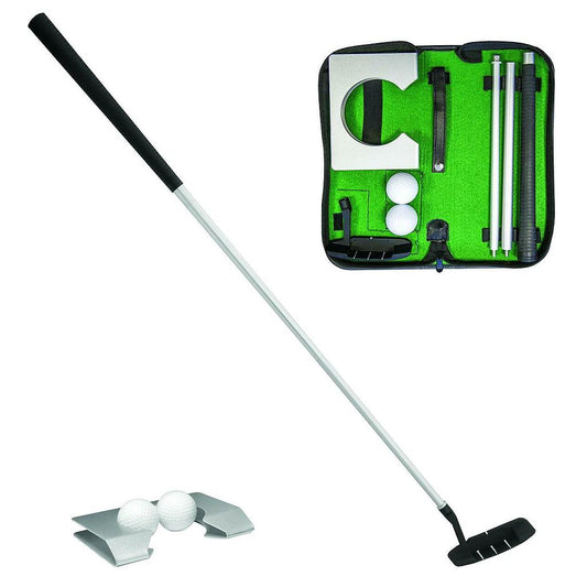 Longridge Executive Golf Putting Set for right-handed players, includes putters, balls, and training accessories in a compact sporting goods package.