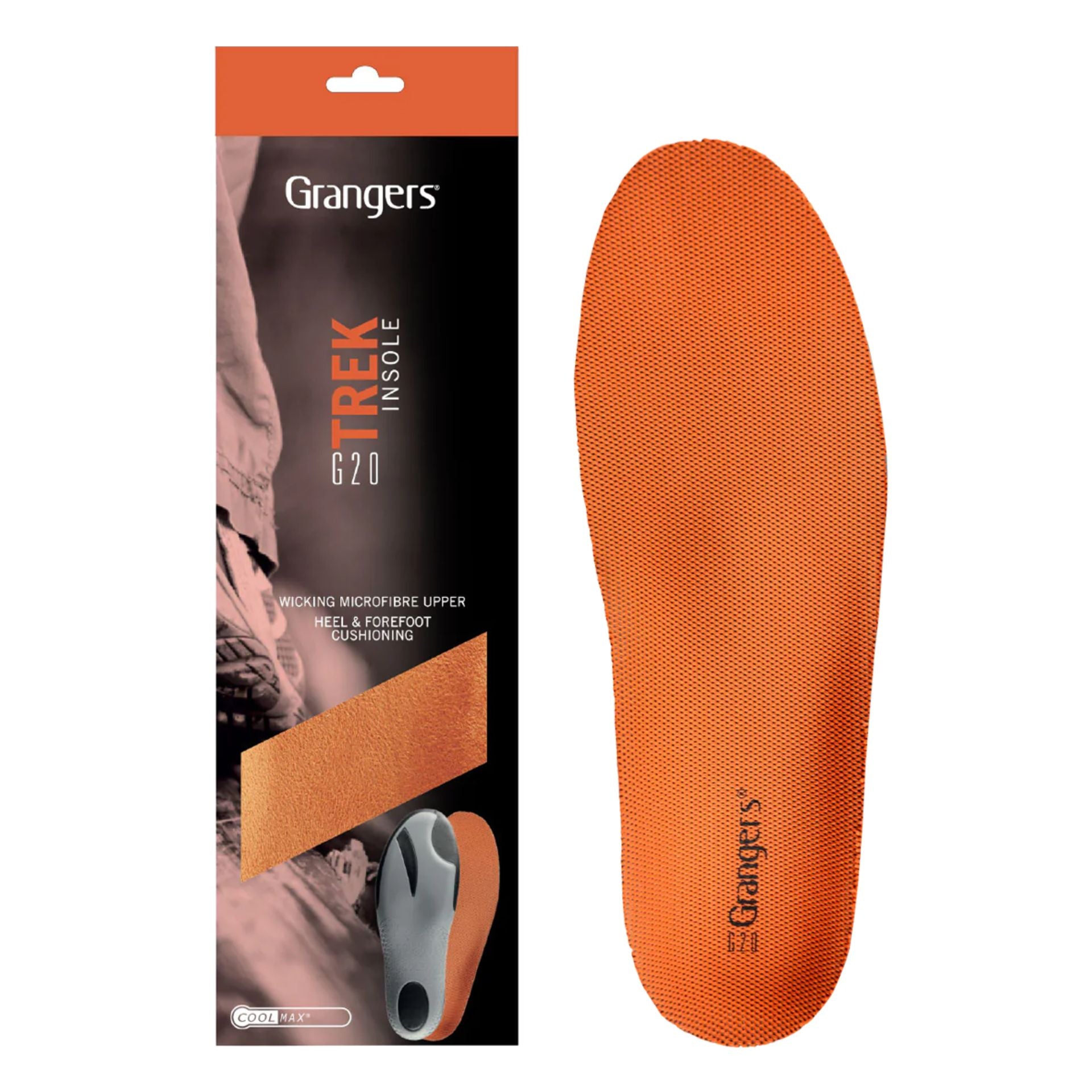 Pair of Grangers G20 Trek insoles for hiking and walking, designed for comfort and support in sporting footwear.
