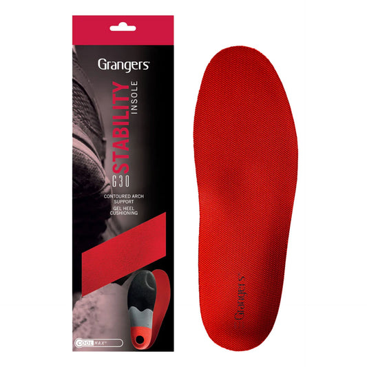Pair of Grangers G30 Stability Insoles designed for athletic comfort and support, showcasing their durable construction.