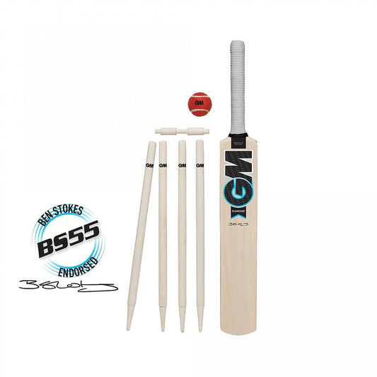 Gunn and Moore GM Diamond cricket set with bat, ball, and protective gear, ideal for outdoor cricket games and practice.