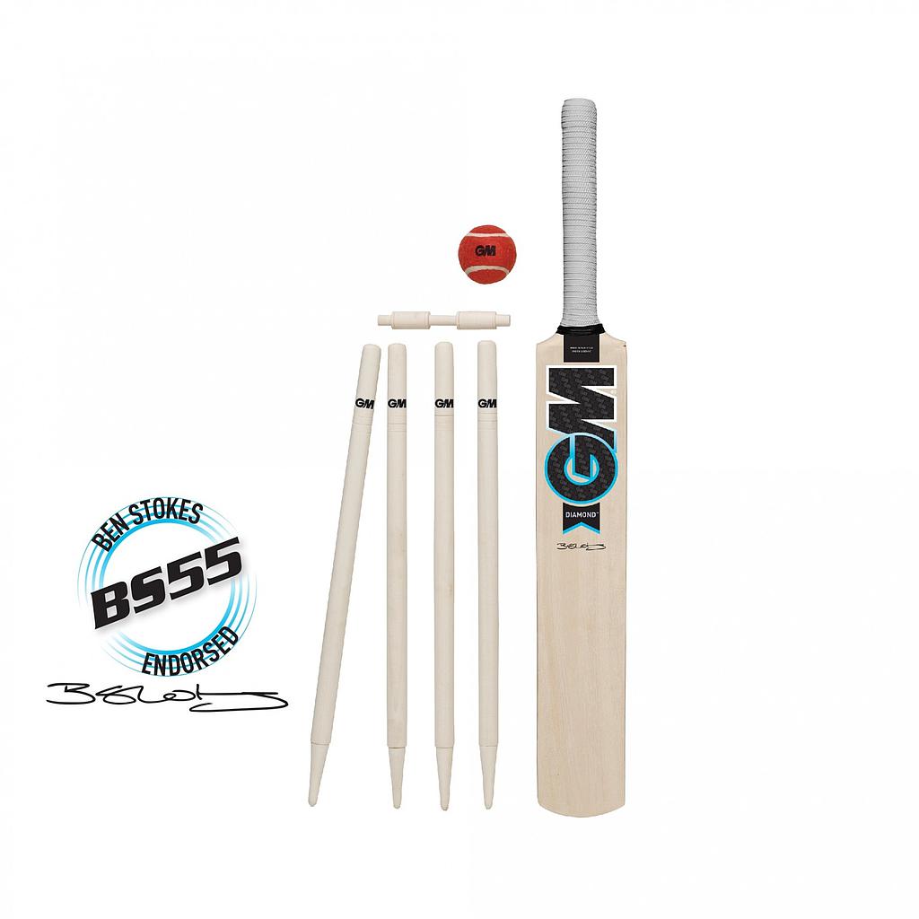 Gunn and Moore GM Diamond cricket set with cricket bat, ball, and stumps for sporting goods enthusiasts.