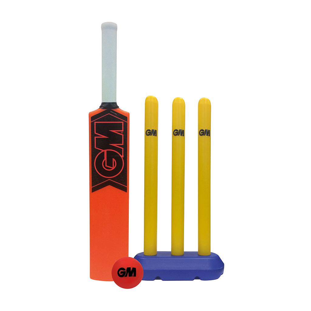 Gunn and Moore GM Opener cricket set for kids ages 4-8, includes a cricket bat, ball, and stumps for young players.