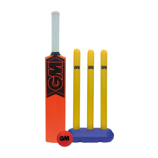 Gunn and Moore GM Opener cricket set for kids ages 4-8, includes a cricket bat, ball, and stumps for young players.