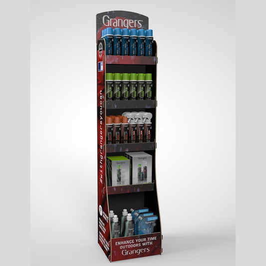 Grangers FSDU floor-standing display unit for sporting goods, showcasing organized storage and product visibility.