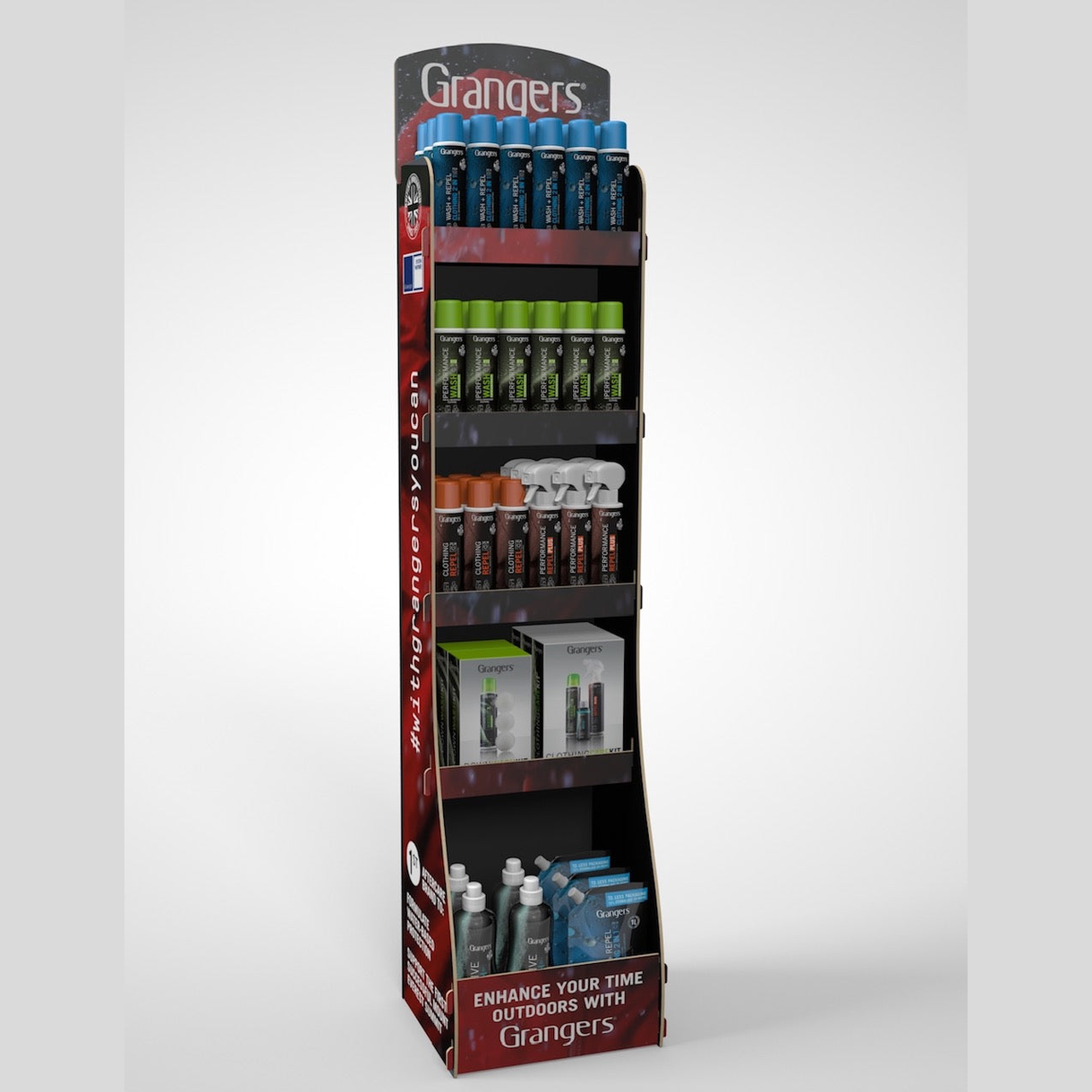 Grangers FSDU floor-standing display unit for sporting goods, showcasing multiple product shelves in a retail setting.