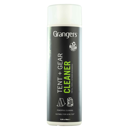 Grangers Tent and Gear Cleaner bottle showing label and cleaning brush for outdoor gear and camping equipment cleaning