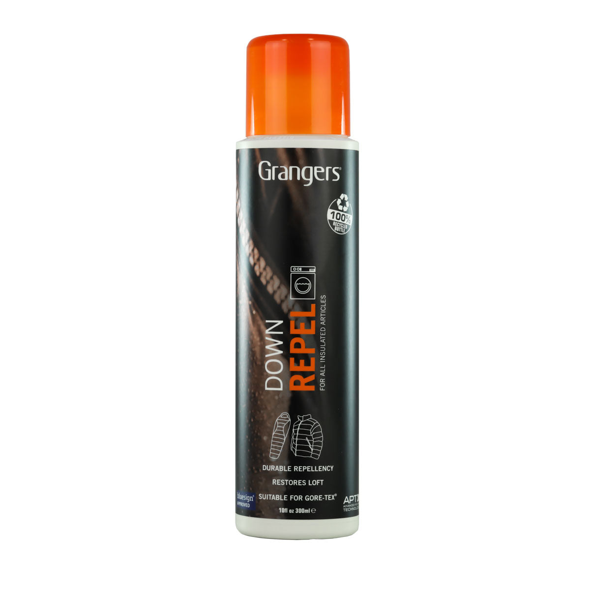 Grangers Down Repel Wash-In Proofer for down jackets in a bottle with label, suitable for outdoor and sporting goods use