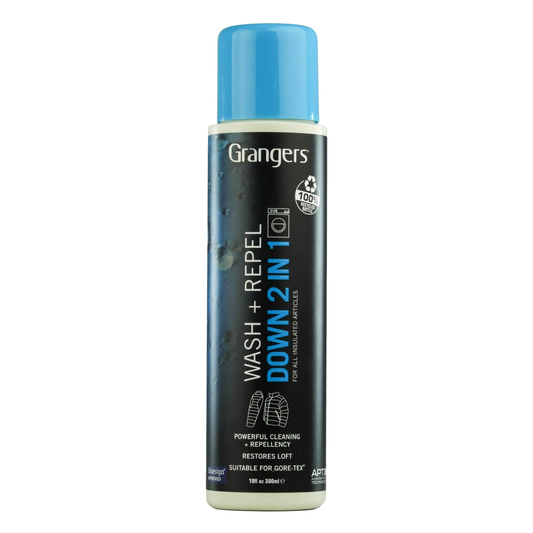 Grangers Wash & Repel Down 2-in-1 spray for waterproofing and cleaning outdoor and sporting gear, shown in the image.