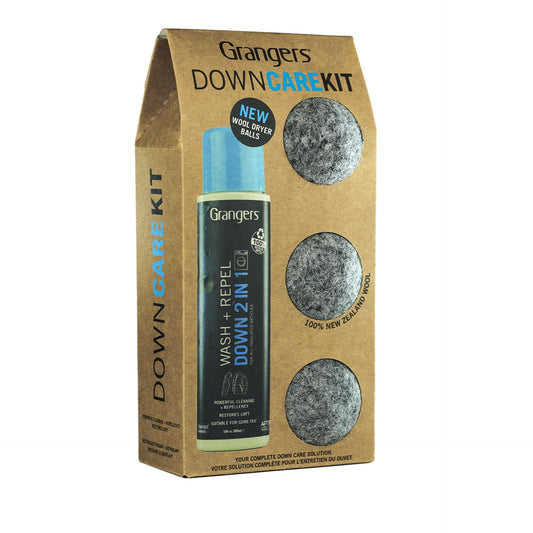 Grangers Down Care Kit for outdoor and sporting goods, includes cleaning and reproofing products for down-filled gear.