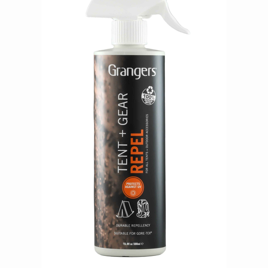 Grangers Tent & Gear Repel UV spray bottle for outdoor gear and tents, featuring UV protection and waterproofing for camping equipment.