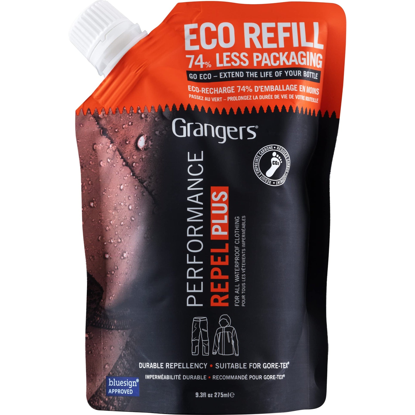 Grangers Performance Repel Plus Eco refill for outdoor gear, featuring eco-friendly waterproofing and protective treatment.