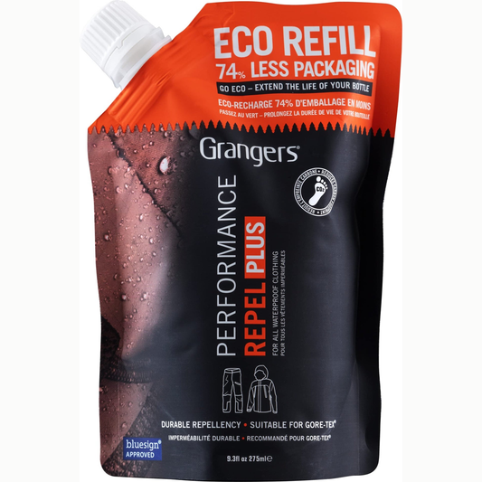 Grangers Performance Repel Plus Eco refill for sporting goods, showing the eco-friendly packaging and product details.