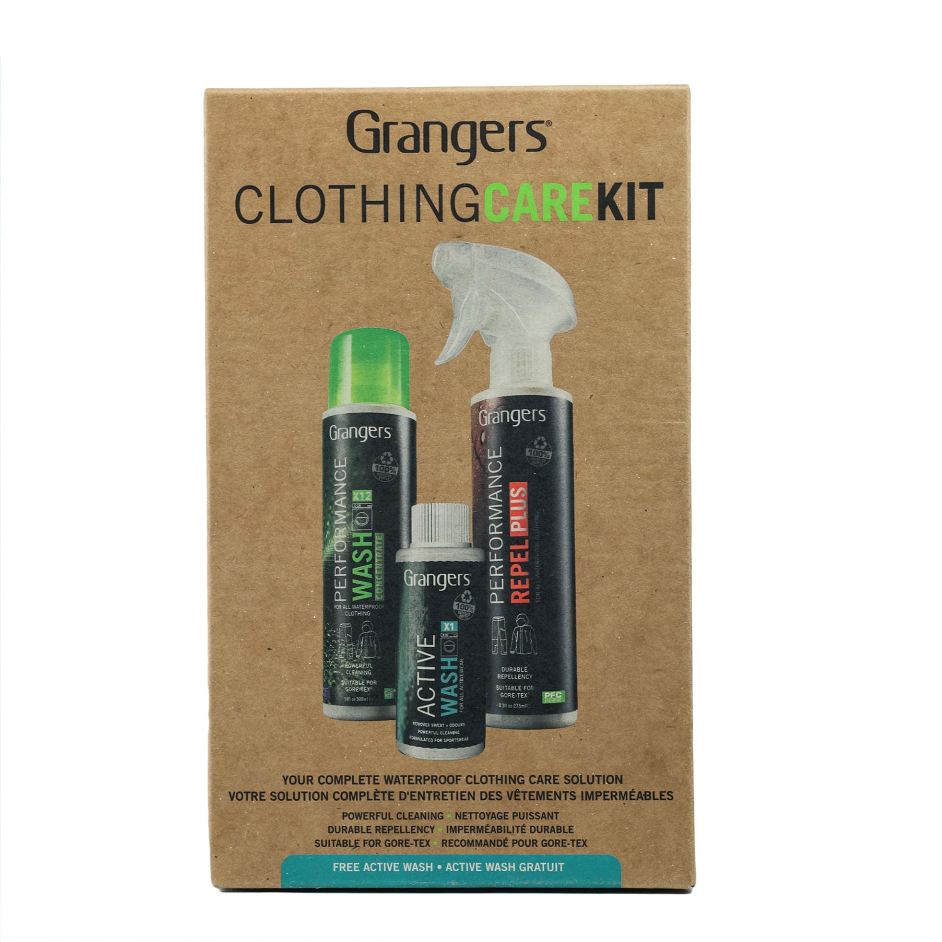 Grangers Clothing Care Kit for outdoor and sporting apparel, includes cleaning and waterproofing products, with packaging and bottles visible.