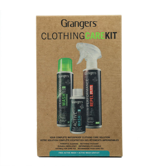 Grangers Clothing Care Kit for sporting goods, includes bottles and cleaning accessories for garment maintenance.