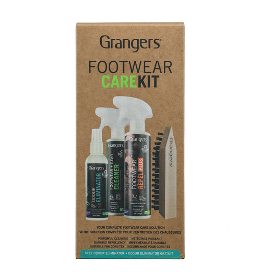 Grangers Footwear Care Kit for cleaning and waterproofing outdoor shoes, includes cleaning spray, waterproof spray, and brush tools.