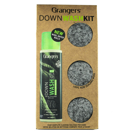 Grangers Down Wash Kit for cleaning and maintaining down-filled outdoor gear, including bottles and cleaning accessories.