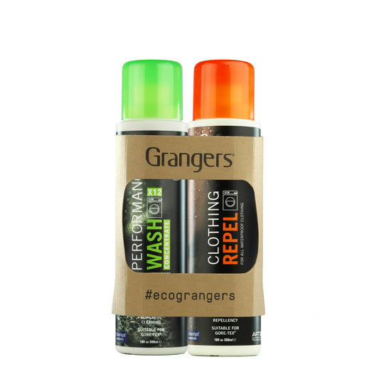 Two 300ml bottles of Grangers Performance Wash and Clothing Repel in the twin pack, featuring labels and spray caps.
