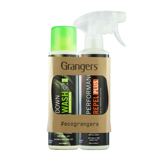 Grangers Down Wash & Performance Repel Plus bottle, sporting goods product for cleaning and re-waterproofing down jackets and gear