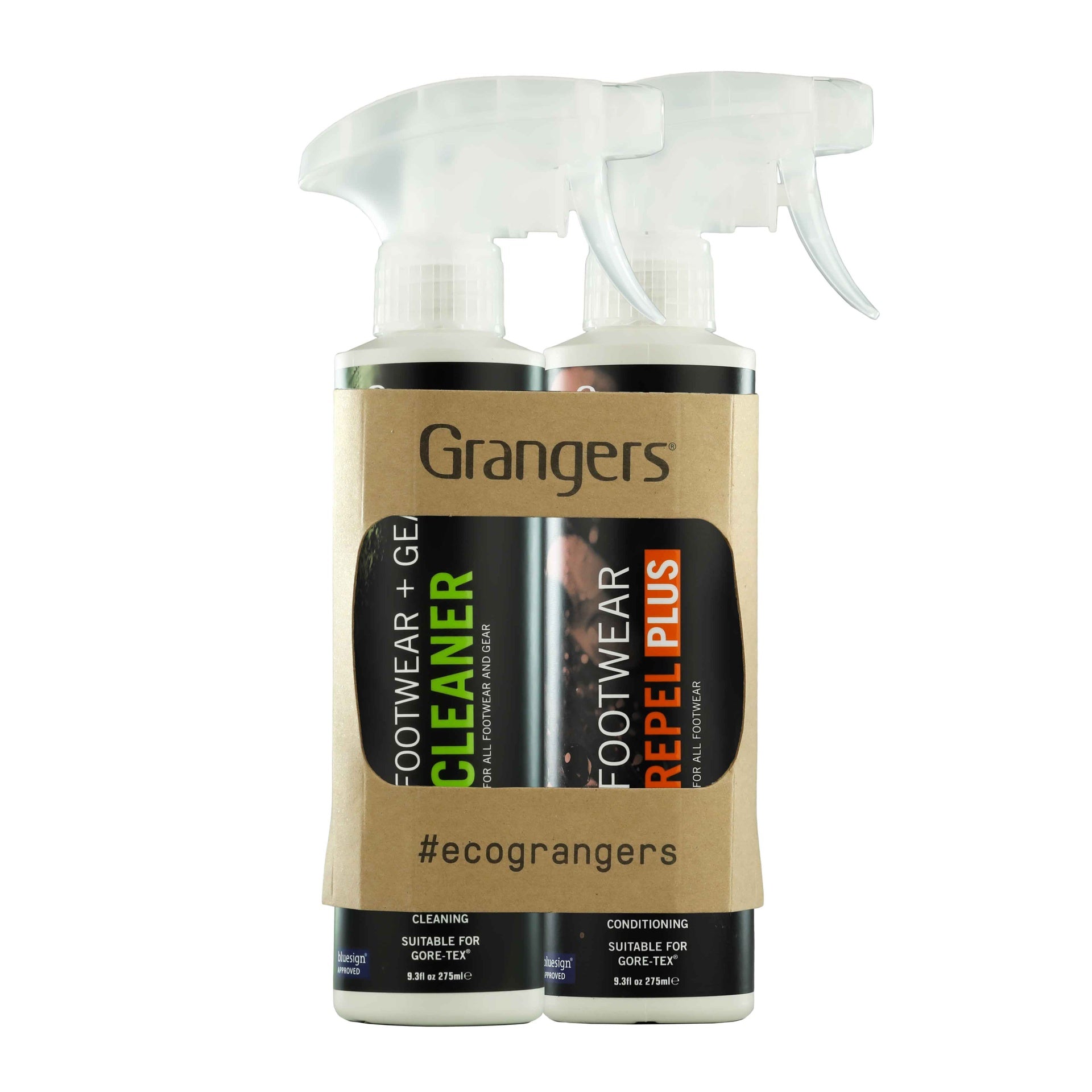 Grangers Footwear & Gear Cleaner and Footwear Repel Plus spray bottle for cleaning and waterproofing outdoor footwear and gear.