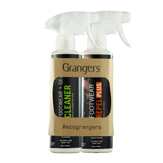 Grangers Footwear & Gear Cleaner and Footwear Repel Plus bottles, sporting goods cleaning and waterproofing products for outdoor footwear