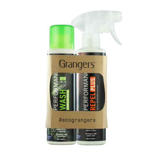 Grangers Performance Wash and Performance Repel Plus bottles for cleaning and waterproofing outdoor gear and apparel.
