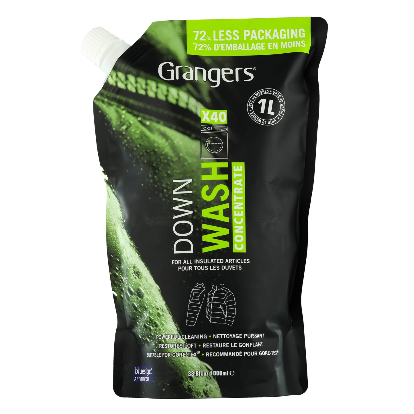 Grangers Down Wash bottle, sporting goods product for cleaning and maintaining down-filled outdoor gear and jackets.