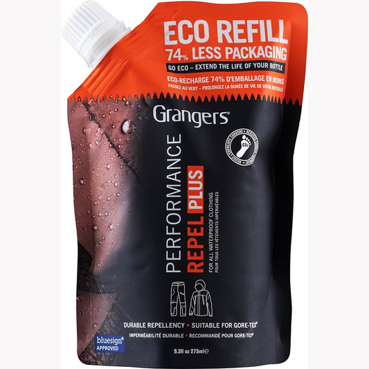 Grangers Footwear Repel Plus Eco Refill bottle for waterproofing and protecting outdoor shoes and boots.