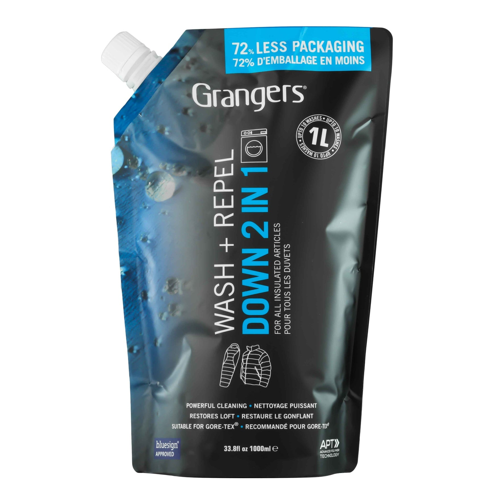 Grangers Wash & Repel Down 2 in 1 spray for outdoor gear, showing the product bottle with label and spray nozzle.