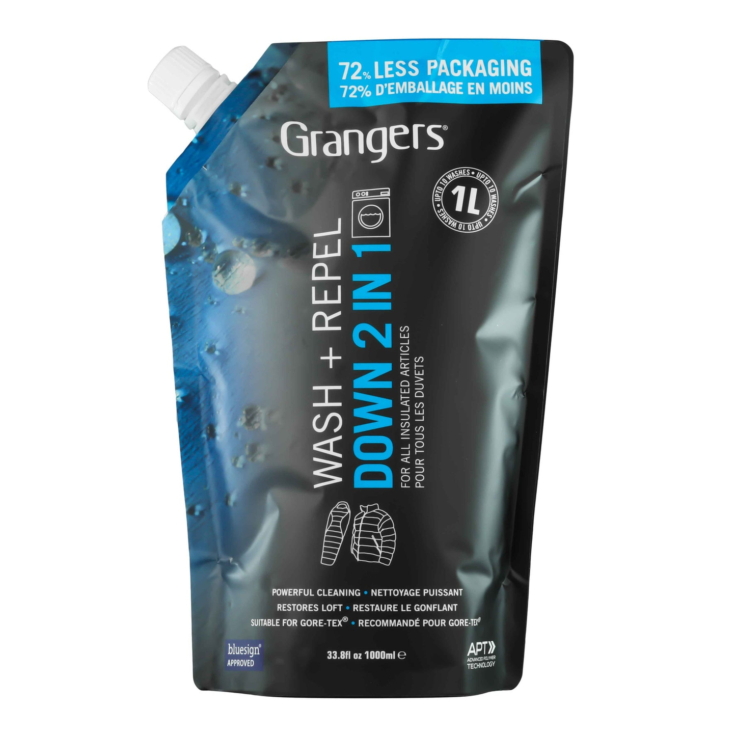 Grangers Wash & Repel Down 2-in-1 spray for waterproofing and cleaning down jackets and outdoor gear.