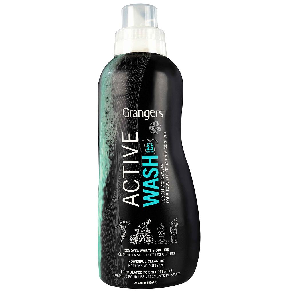 Bottle of Grangers Active Wash for sporting goods cleaning, with label showing product details and branding.