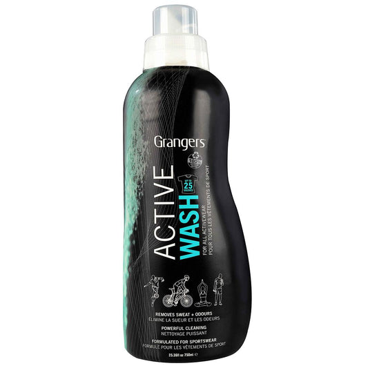 Bottle of Grangers Active Wash for sporting goods cleaning, with label showing product details and branding.