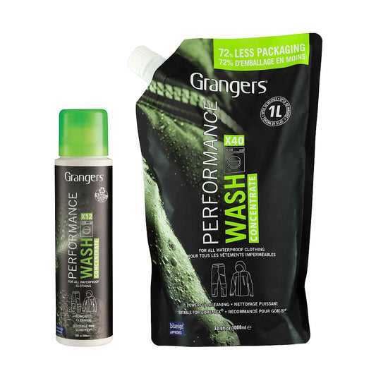 Grangers Performance Wash bottle for cleaning outdoor and sporting goods, designed to refresh and restore waterproof fabrics.