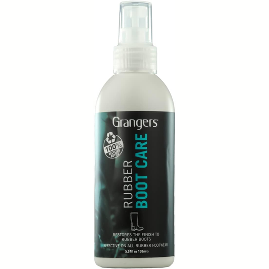 Grangers Rubber Boot Care Spray bottle, sporting goods product for waterproofing and maintaining rubber boots.