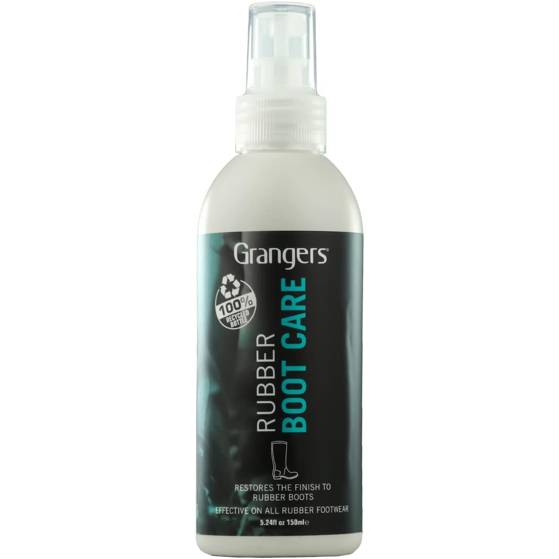Grangers Rubber Boot Care Spray for sporting goods, shown in a spray bottle with black and yellow packaging.