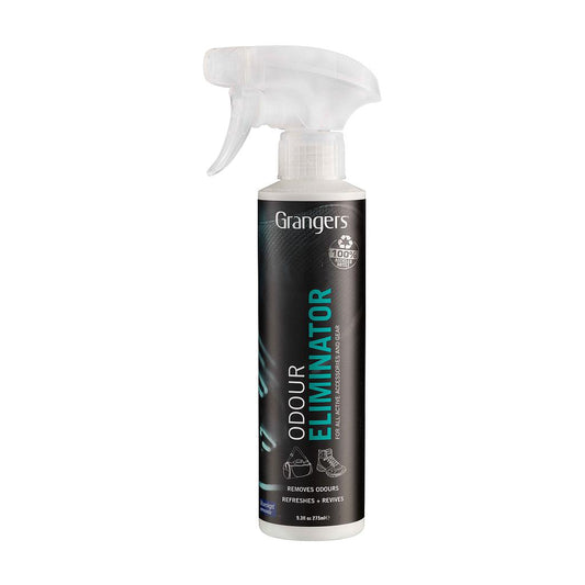 Grangers Odour Eliminator spray bottle for sporting goods, with a white and orange label and a spray nozzle.