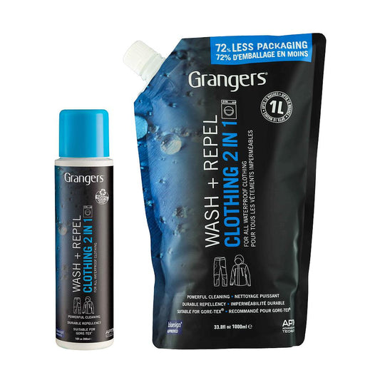 Grangers Wash & Repel 2-in-1 waterproofing treatment for clothing, shown in a bottle with branding and product details.