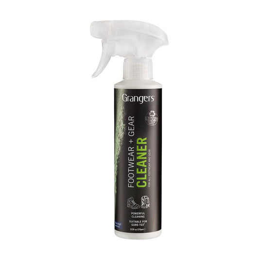 Grangers Footwear & Gear Cleaner in a spray bottle, designed for cleaning sports shoes and outdoor gear effectively.