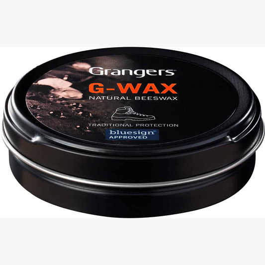 Grangers G-Wax leather footwear protection wax jar with wax block and applicator for waterproofing and conditioning shoes.