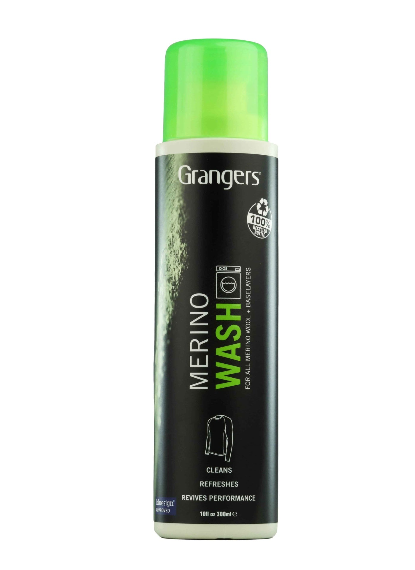 Grangers Merino Wash bottle for cleaning merino wool outdoor clothing and sporting gear, with a white label and blue cap.