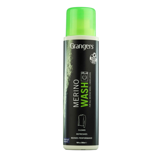Grangers Merino Wash for sporting goods, showing the bottle with label, designed to clean and preserve merino wool garments.