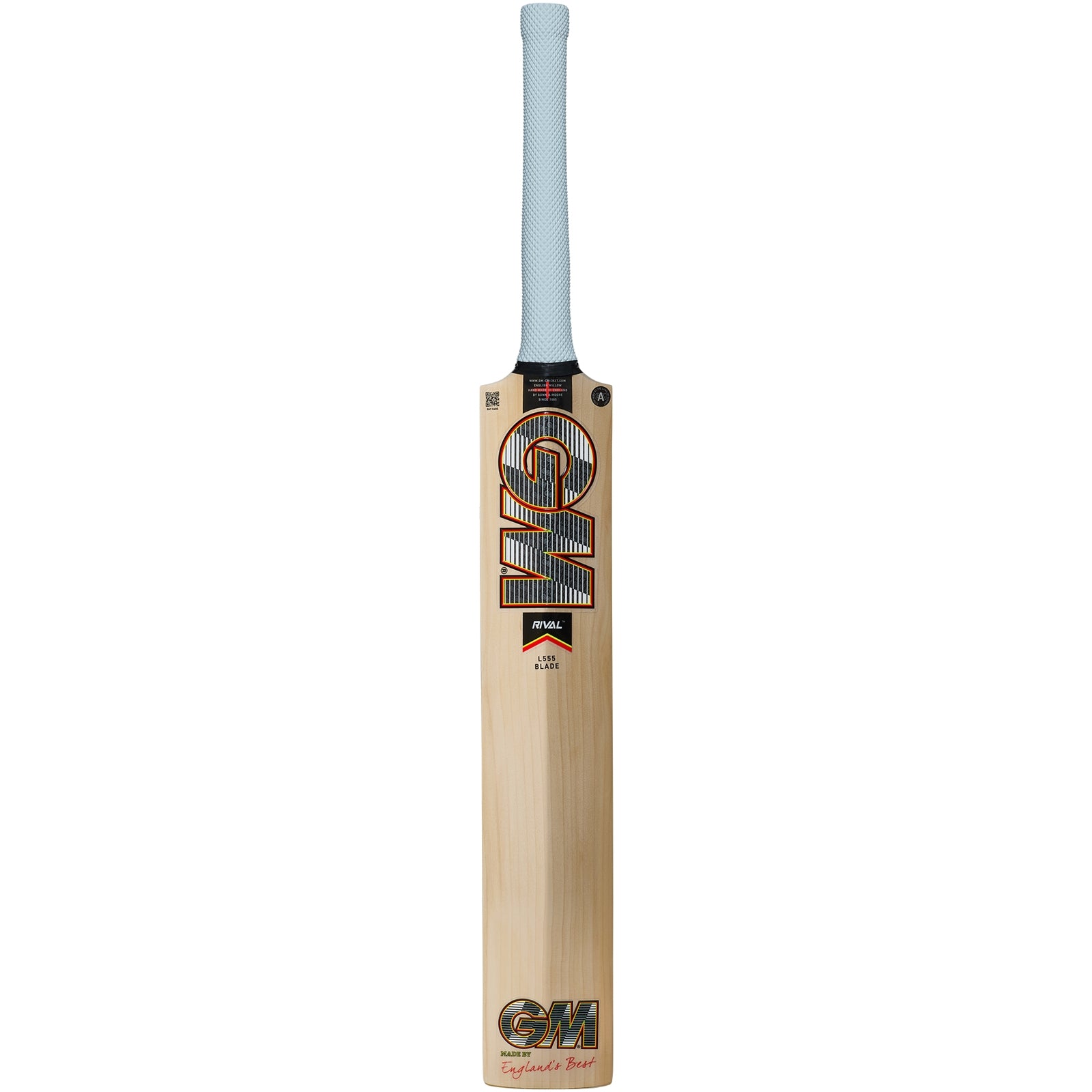 Full-size GM Cricket Bat Rival 404 by Gunn & Moore, made of English Willow, displayed with a natural wood finish.
