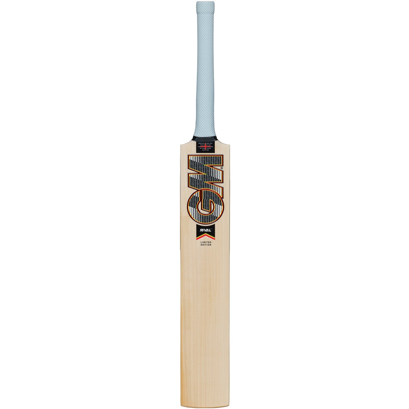 Full-size Gunn & Moore GM Cricket Bat Rival 404 made of English Willow, showcasing the bat's handle, blade, and grip design.