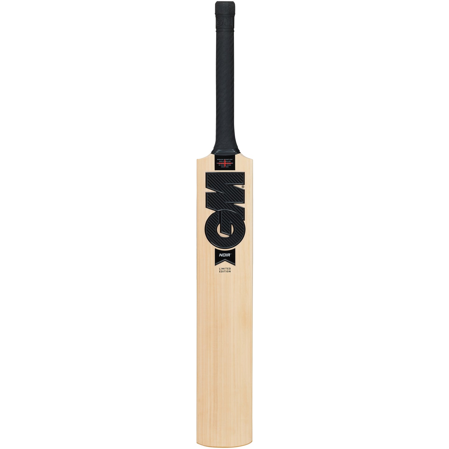 Full-size GM Cricket Bat Noir 404 Delta by Gunn & Moore, made of English Willow, shown from the front with a smooth wooden finish.