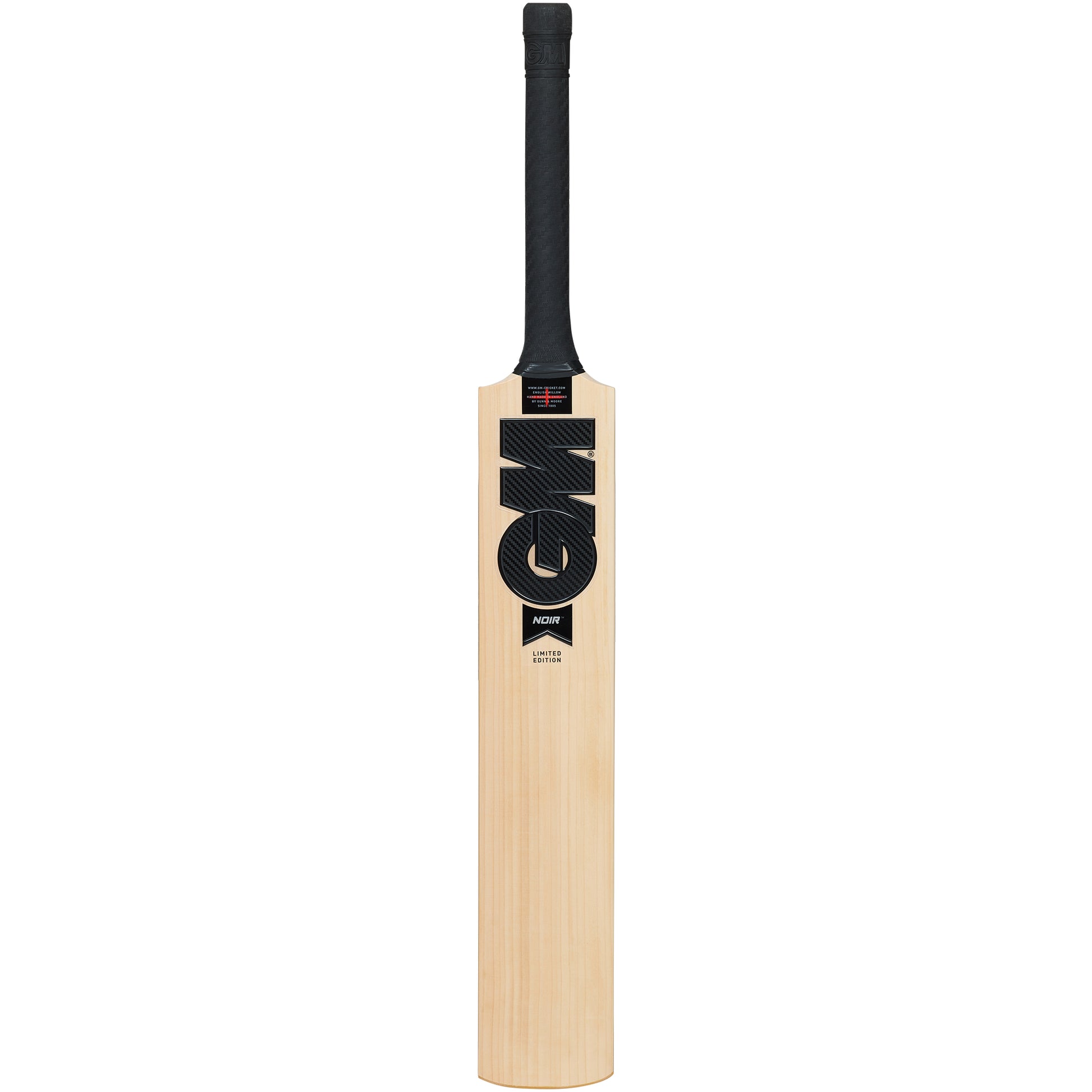 Full-size GM Cricket Bat Noir 404 Delta by Gunn & Moore, made of English Willow, shown from the front with a smooth wooden finish.