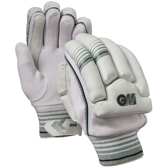 Gunn & Moore GM cricket batting gloves for youth, size 202, left-handed, with padded finger protection and breathable fabric.