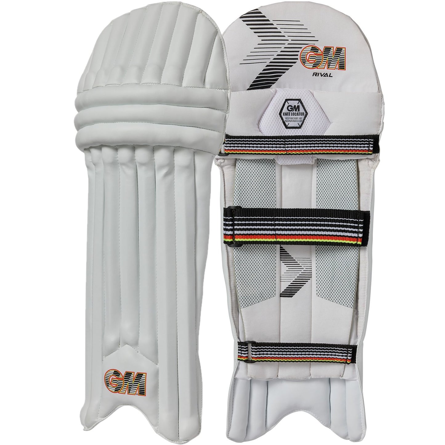Junior Gunn & Moore GM Batting Pads Rival Ambi cricket gear, showing padded leg guards with adjustable straps for young players.