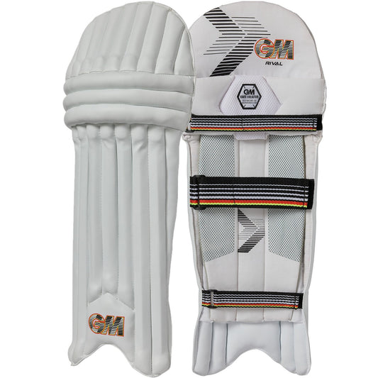 Junior Gunn & Moore GM Batting Pads Rival Ambi cricket gear, showing padded leg guards with adjustable straps for young players.