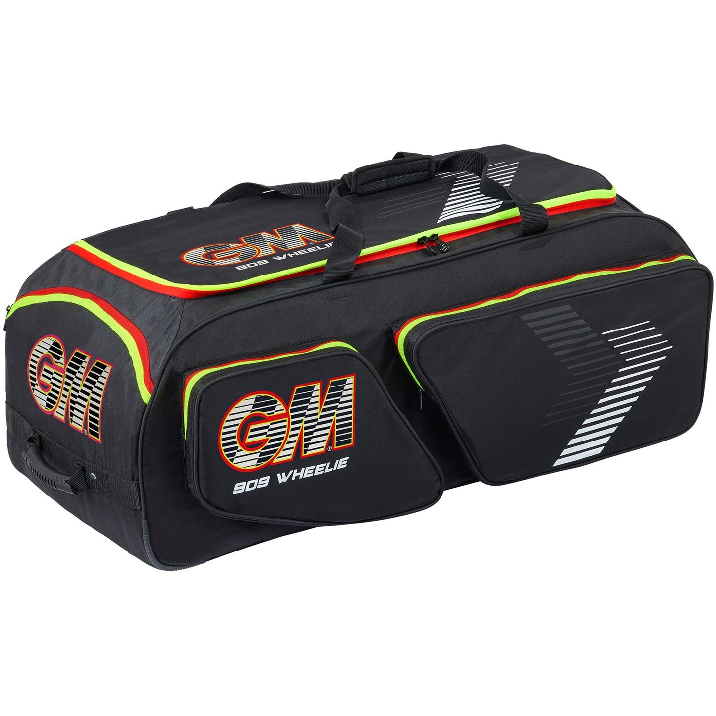 Gunn & Moore GM Cricket Bag 909 Wheelie in black, featuring multiple compartments and sturdy wheels for easy transport.
